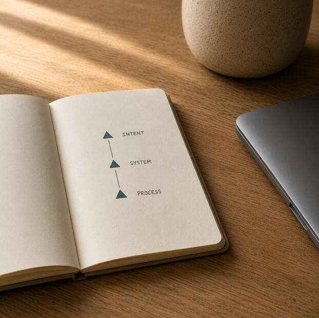 Strategy deployment An open notebook with handwritten notes on a warm timber surface at dawn, a ceramic mug alongside.