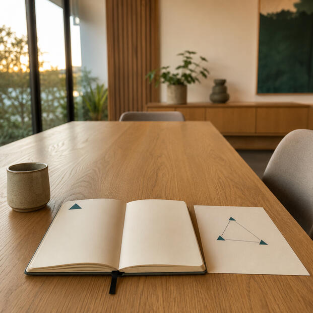 Change leadership A long timber meeting table at dawn with an open notebook, a ceramic mug and a hand-drawn schema on paper, in a contemporary New Zealand office.